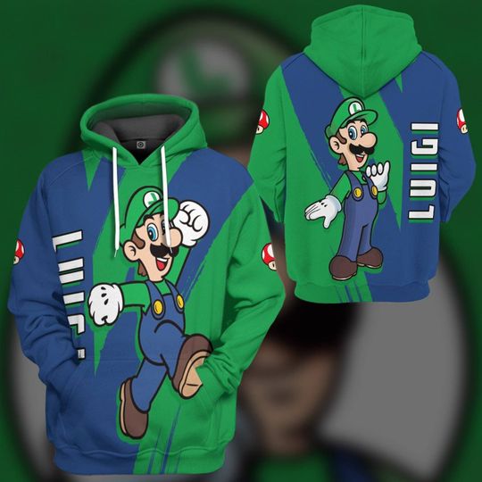 Happy Luigi Custom Name Full Over Print 3D Hoodie | Super Mario Luigi Cosplay Shirt | Mario Bros Video Game Hoodie