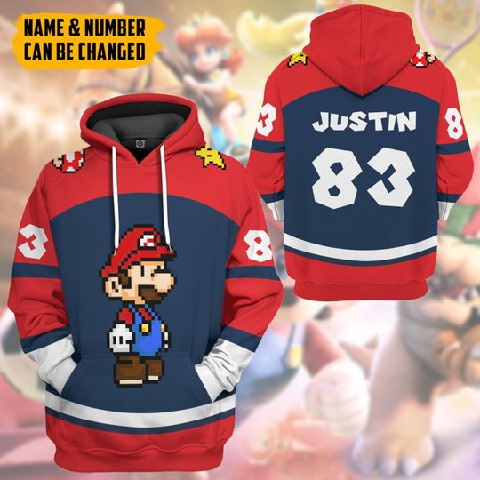 Mario Sports Custom Name Full Over Print 3D Hoodie | Super Mario Luigi Cosplay Shirt | Mario Bros Video Game