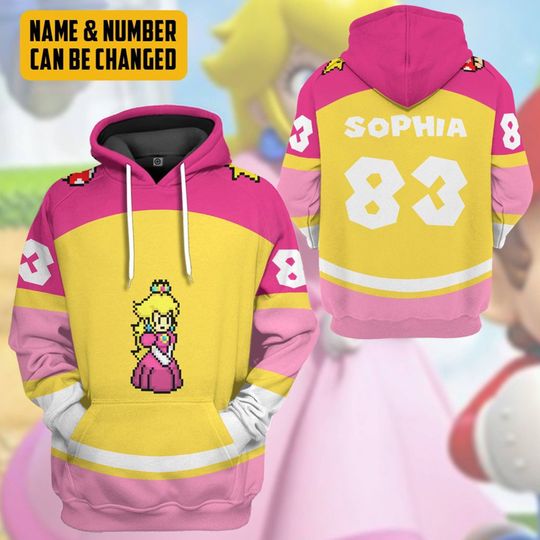 Princess Peach Sports Custom Name Full Over Print 3D Hoodie | Super Mario Princess Peach Cosplay Shirt | Mario Bros Video Game