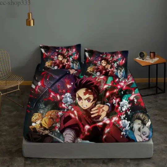 demon 3 Piece Bedding Set Fitted Sheet Pillowcases Deep Pocket Fans Gift