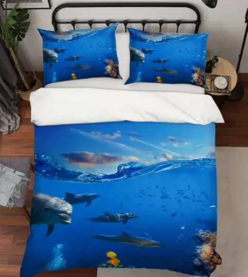 3D Dolphin Stone A186 Animal Bed Pillowcases Quilt Duvet Cover Set Queen King