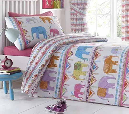 KING SIZE DUVET COVER SET CARNIVAL ELEPHANTS MULTI COLOURED GREEN ORANGE ANIMAL