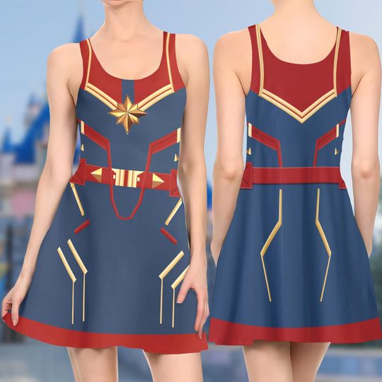 Captain Women 3D Cosplay Costume Skater Dress, Superhero Movie Dress, Captain Women Mom Daughter Dress, Captain Dress Gift