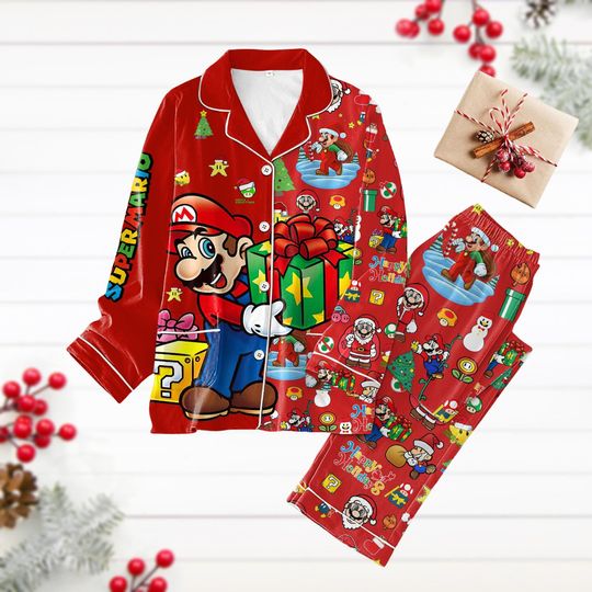 Christmas Pajamas, Mario Holiday Pajamas Set, Gaming Pajamas For Party, Super Mario Xmas Party Gift, Pajamas Family, Long Sleeve Pjs