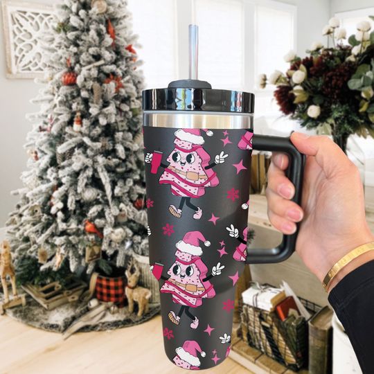 Boojee Christmas Tree 40oz Tumbler, Pink Tree Cake Cute Christmas Cup, Christmas Family Trip Tumbler, Stainless Steel Cup
