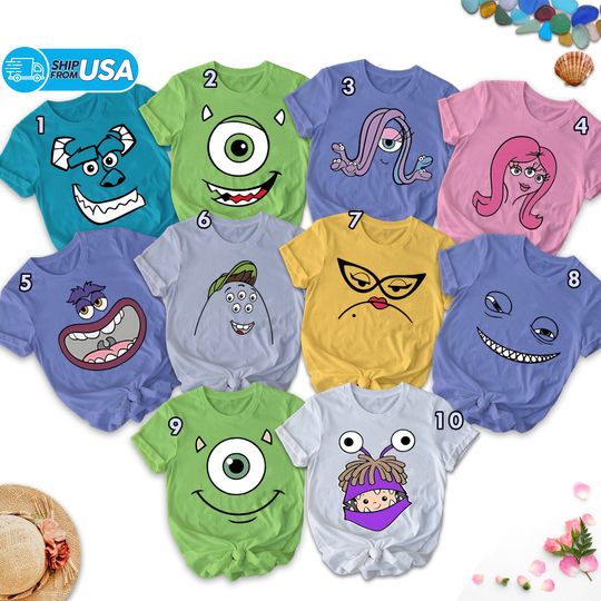 Monsters Inc Characters Costume Face Shirt, Monsters Matching Family Shirt, Funny Characters Halloween Gifts, Monsters Face Group T-Shirt