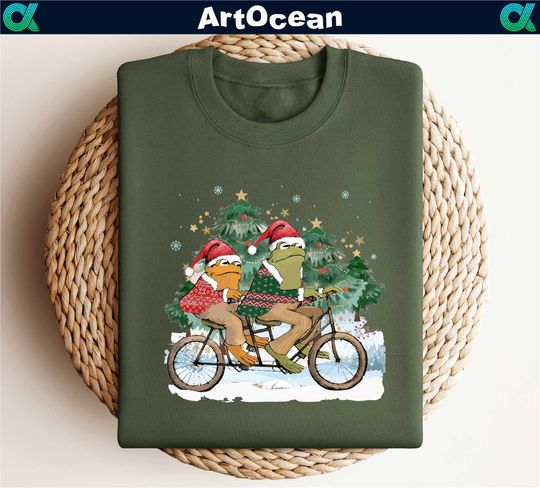 Frog And Toad Christmas,Frog And Toad Riding A Bike Christmas Shirt,Cute Frog Shirt,Christmas Tree,Christmas Gift,Holiday Shirts