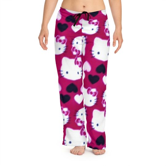 Retro love fuchsia hot pink hearts valentine Kitty Pajama Pants Lounge Cozy Holiday Sleep distressed Gift