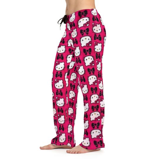 Retro snowflake Merry Fuchsia Kitty Pajama Pants Lounge Cozy Holiday Anime Gift