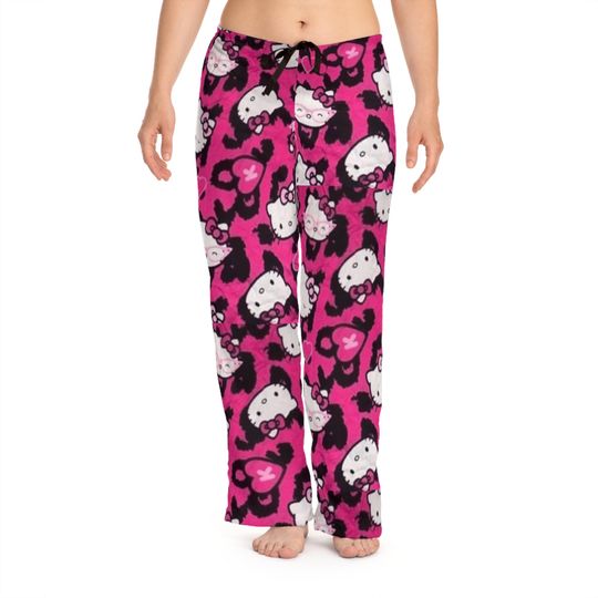 Retro Merry Fuchsia Pink Kitty Christmas Holiday Pajama Pants Lounge sleep Cozy Cat Gift Present