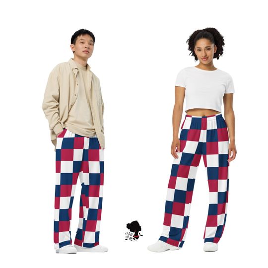 Checkered Red, White & Blue Squares Unisex Wide Leg Pants, Loose Fit Elastic Waistband Casual Trouser, Patriotic, Independence Day, America