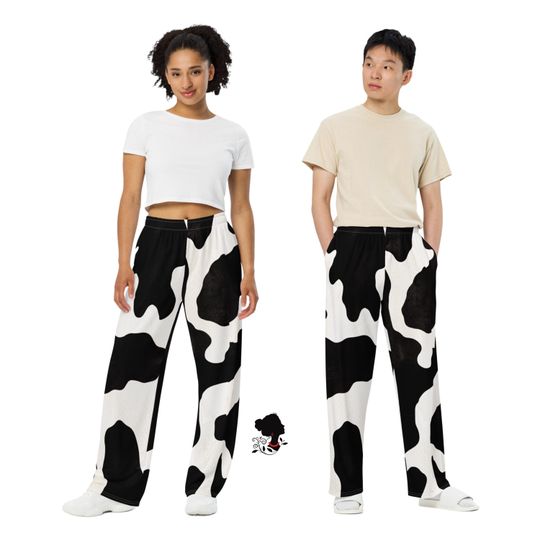 Unisex Wide Leg Pants, Black and White Cow Print Comfortable Loose Fit Trousers for All Gender, Animal Print Elastic Waist Streetwear Bottom