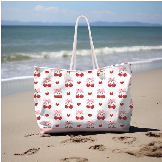 Coquette Red cherries Print Large Tote Bag  Pink Bow Weekender Bag Girly Oversized tote Coquette Pink Pattern Weekender Tote overnight bag