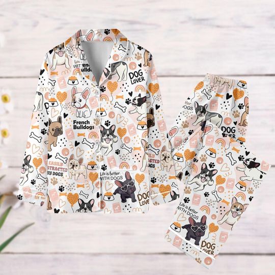 French Bulldog Dog Pajamas Set, Cute Bulldog Pjs, Frenchie Lovers Holiday Pajamas, Dog Pet Mom Pjs, Gift For Dog Lovers, Animal Pjs