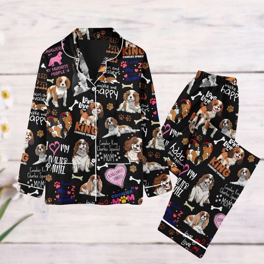 Cavalier King Charles Spaniel Pajamas Set, Cute Cavalier Dog Pajamas, Dog Mom Gift, Gift For Her, Long Sleeve Pyjamas, Animal Lover
