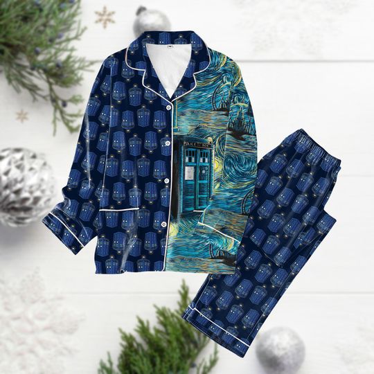 Christmas Doctor Who Pajamas, Police Box Starry Night Holiday Pajamas, Tardis Police Box Pajamas Set, Dr Who Tv Series Women Pajamas