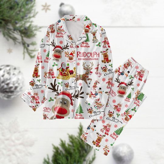 Christmas Santa Rudolph Pajamas, Rudolph The Red Nosed Reindeer Pj Set, Rudolph Xmas Pj Set Pants, Reindeer Santa Hat Womens Pajamas