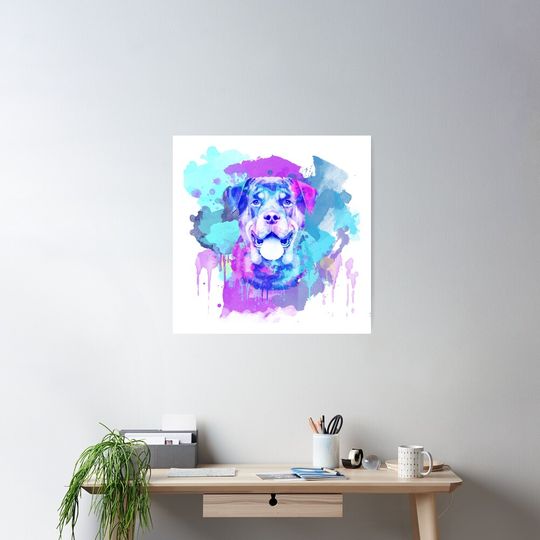 Rottweiler Watercolor, Artistic Rottweiler, Colorful Rottweiler, Rottweiler Art, Cheerful Rottweiler, Cheerful Colors Poster