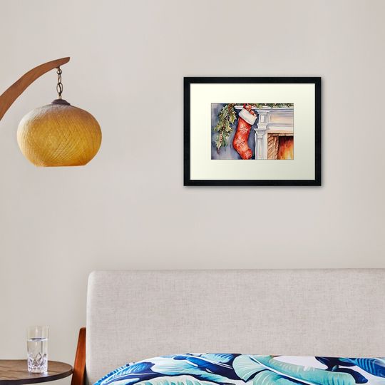 Christmas Stocking Fireplace Watercolor Design Framed Art Print