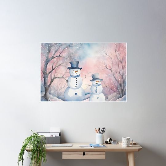 Snowmen In Forest Christmas Watercolor Design Poster