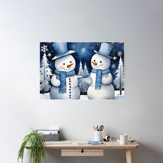 Snowmen In Night Forest Christmas Watercolor Design Poster