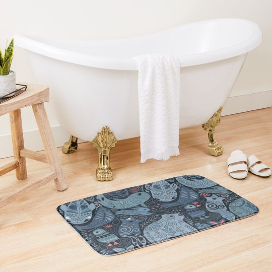 Arctic animals. Narwhal, polar bear, whale, puffin, owl, fox, bunny, seal. Bath Mat