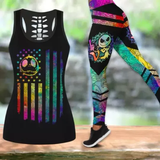 Jack Skellington Nightmare Halloween Hollow Tanktop Legging Set, Workout Clothes, Gift For Women