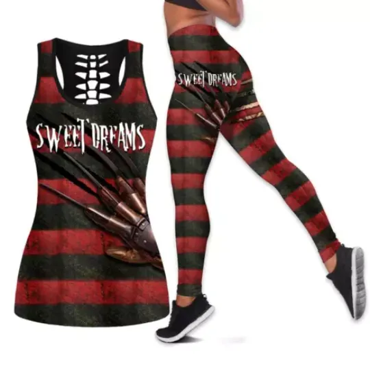 Freddy Krueger Pattern Hollow Tanktop Legging Set, Workout Clothes, Gift For Women