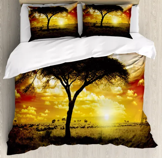 African Duvet Cover Set with Pillow Shams Sunset in Safari Animal Print