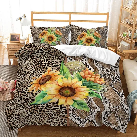 Sunflower Snakeskin Leopard Print Duvet Quilt Cover Queen Bedding Set Pillowcase