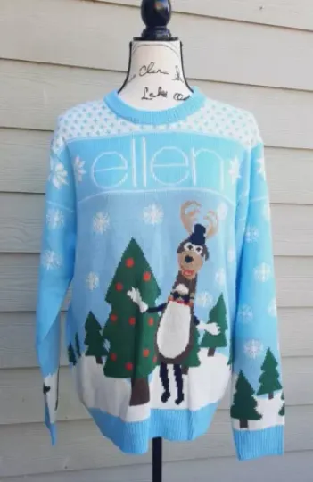 NWT ❄️ Ellen Blue Reindeer and Christmas Tree Ugly Christmas Sweater Size L