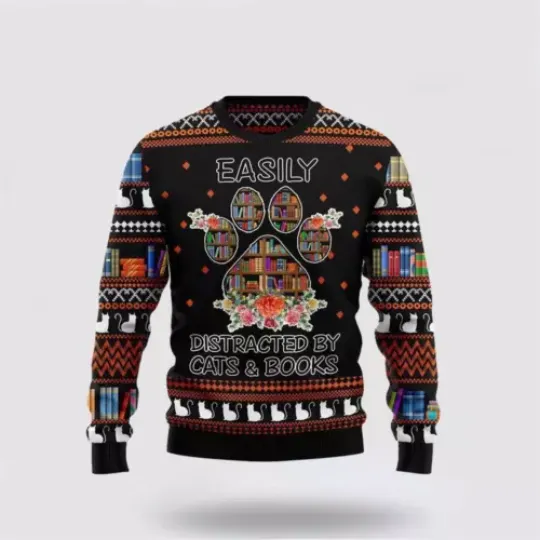 CAT AND BOOKS UGLY CHRISTMAS SWEATER - CAT LOVER CHRISTMAS SWEATER