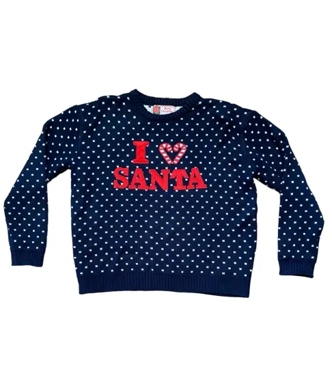 I Love Santa Christmas Sweater Womens XL Navy White Polka Dots Candy Canes Ugly