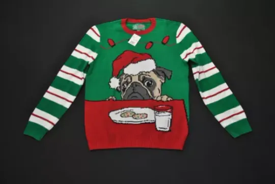 Ugly Christmas Sweater Pug Dog Santa Milk Cookies Large L 1824S