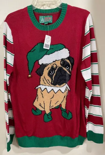 Ugly Christmas Sweater Pug Dog Puppy Unisex Large NWT Elf Jingle Bell