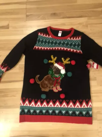 NWT Pug Ugly Christmas Sweater Puppy Dog 3-D Tinsel Antlers Size-0X-14