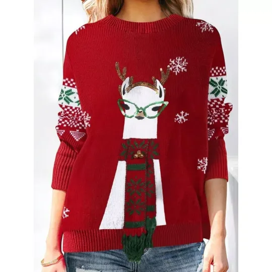 Women's Knitted Christmas Ugly Sweater W/ Lama Reindeer Snowflakes Fair Isle Lg