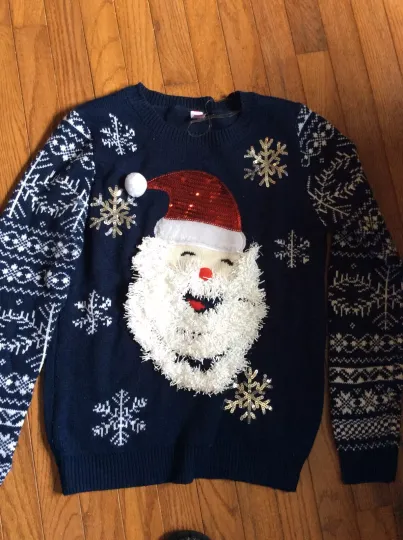 No Boundries ugly Christmas Santa Sweater snowflakes Med Santa Face