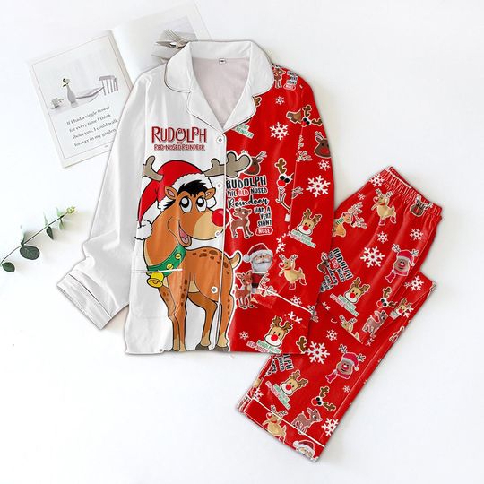 Santa Rudolph Christmas Pajamas, Rudolph The Red Nosed Shirt, Rudolph Xmas Pajamas, Christmas Movie Pajamas, Reindeer Santa Hat Pajamas