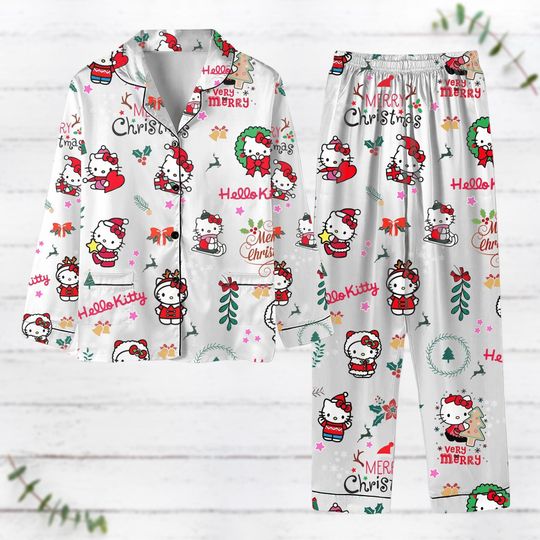 Christmas Hello Kitty Pajamas Set, Kitty Cartoon Character Xmas Pajamas, Kitty Girl Pajamas Family, Holiday Pajamas, Hello Kitty Shirt