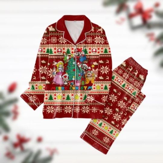 Mario Pajamas Christmas, Super Mario Characters Xmas Holiday Pajamas Set, Mario Gaming Shirt, Mario Peach Luigi Bowser Pjs Christmas