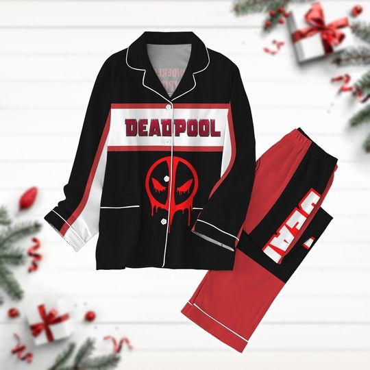 Deadpool Pajamas Set, Deadpool Costume Pajamas, Deadpool 3 Movie Holiday Pajamas, Halloween Superhero Cosplay, Long Sleeve Pyjamas