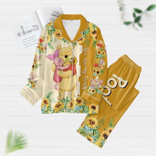 Pooh And Piglet Pajamas Set, Winnie The Pooh Pjs, Pooh Sunflower Pjs, Cartoon Movie Holiday Pajamas, Long Sleeve Pjs, Womens Pajamas