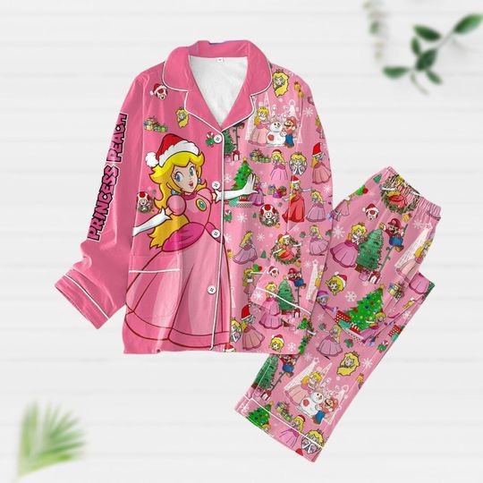 Princess Peach Christmas Pajamas Set, Peach And Mario Holiday Pajamas, Super Mario Gaming Xmas Pjs, Princess Peach Santa Pyjamas