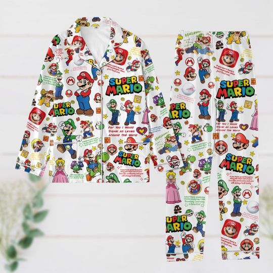 Mario Pajamas, Super Mario Characters Shirt, Peach Princess Pajamas Set, Mario And Friends Holiday Pajamas, Long Sleeve Pyjamas
