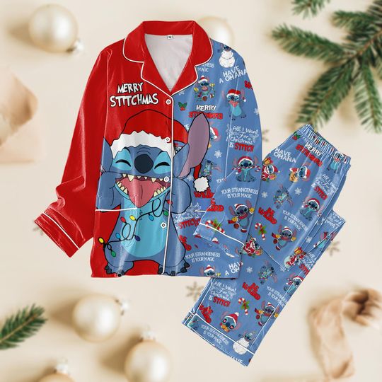 Stitch Christmas Pajamas Set, Merry Stitchmas Thick Pajamas, Disney Cartoon Pj Set Pants, Stitch Santa Claus Pj Set, Xmas Gift For Men