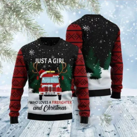 Just A Girl Who Loves Firefighter And Christmas Ugly Christmas Sweater Gift NEW