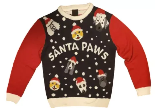 H & M UGLY Christmas Sweater Unisex Graphic Santa Paws Dog Puppy Sz M Red Black