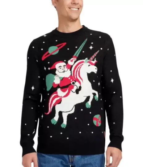 TIPSY ELVES SANTA UNICORN UGLY CHRISTMAS SWEATER Men's Size Medium  BLACK