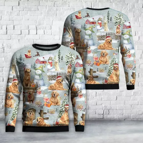 Golden Retriever Dog Christmas AOP Ugly Christmas Sweater Size S-5XL